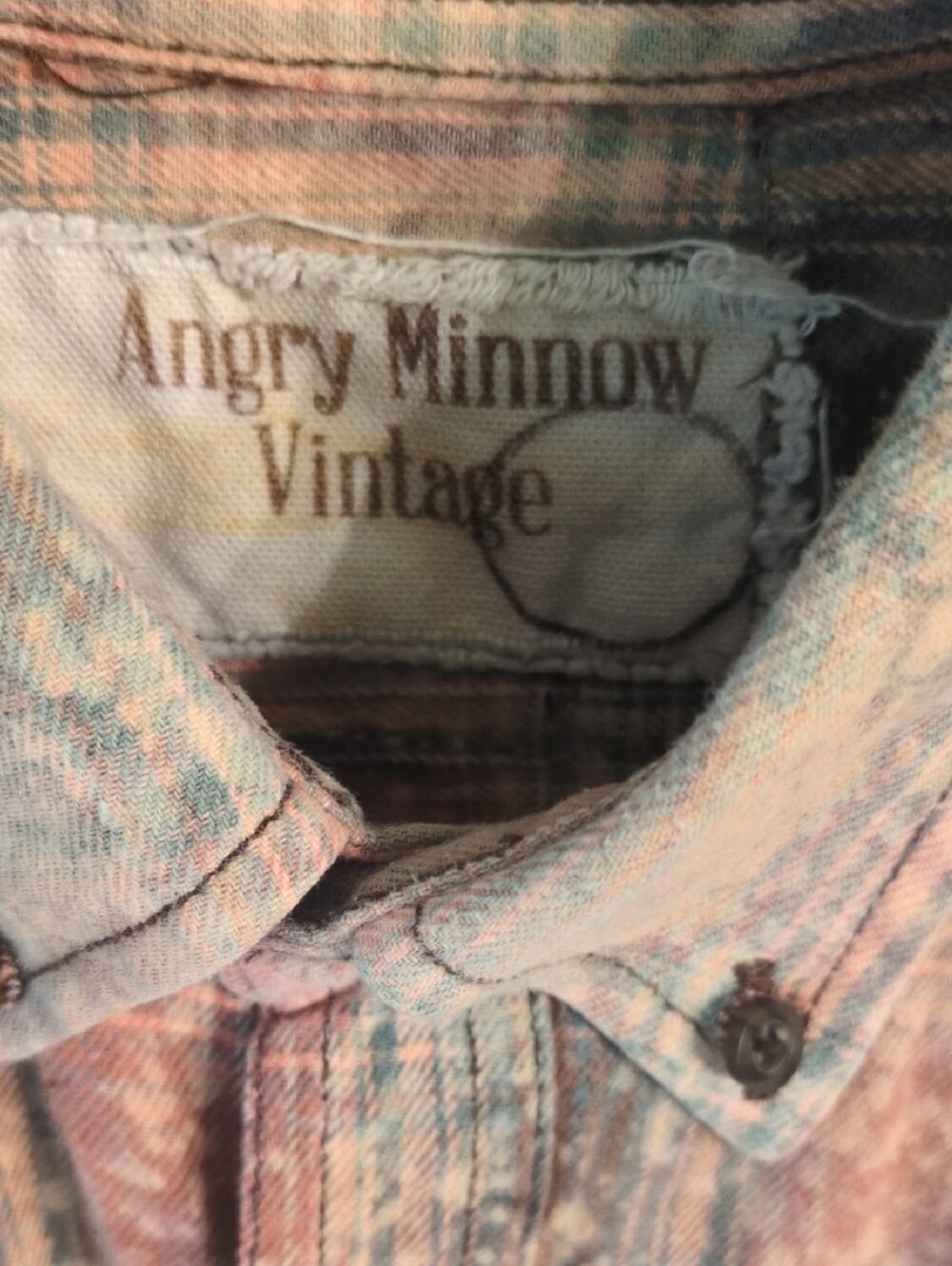 Women's Distressed Plaid Button-Down Shirt with Graphic Back - Rust/Cream - Picture 3 of 4